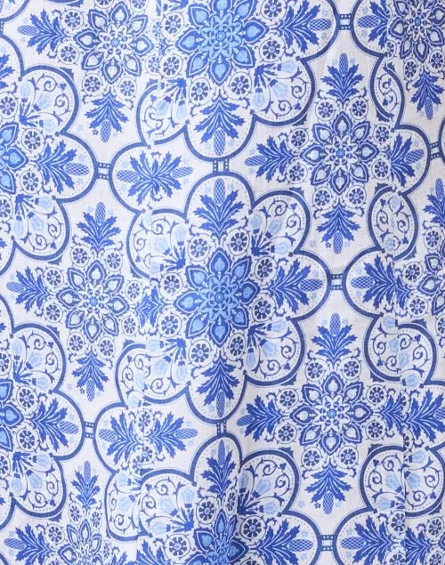 Lete Blue Print Embroidered Linen Dress