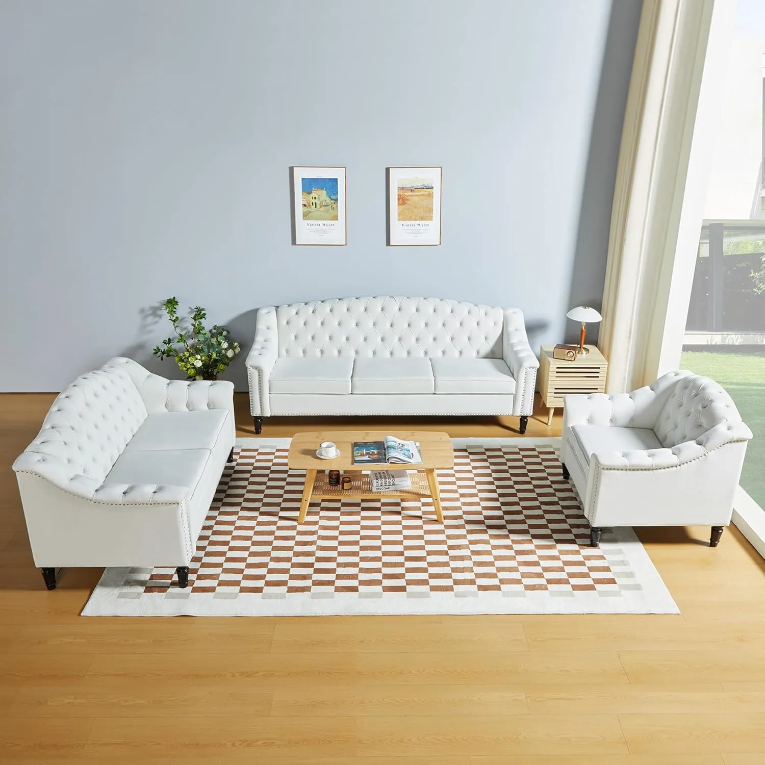 LEVNARY 3-Piece Couch Set for Living Room, White Velvet Sofa Chesterfield Couch with Button Tufted Design, Armchair & Loveseat & Sofa Sectional Furniture Set for Apartment Home Office (White, 1 2 3)