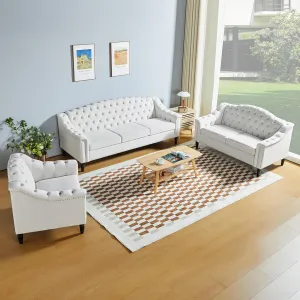LEVNARY 3-Piece Couch Set for Living Room, White Velvet Sofa Chesterfield Couch with Button Tufted Design, Armchair & Loveseat & Sofa Sectional Furniture Set for Apartment Home Office (White, 1 2 3)