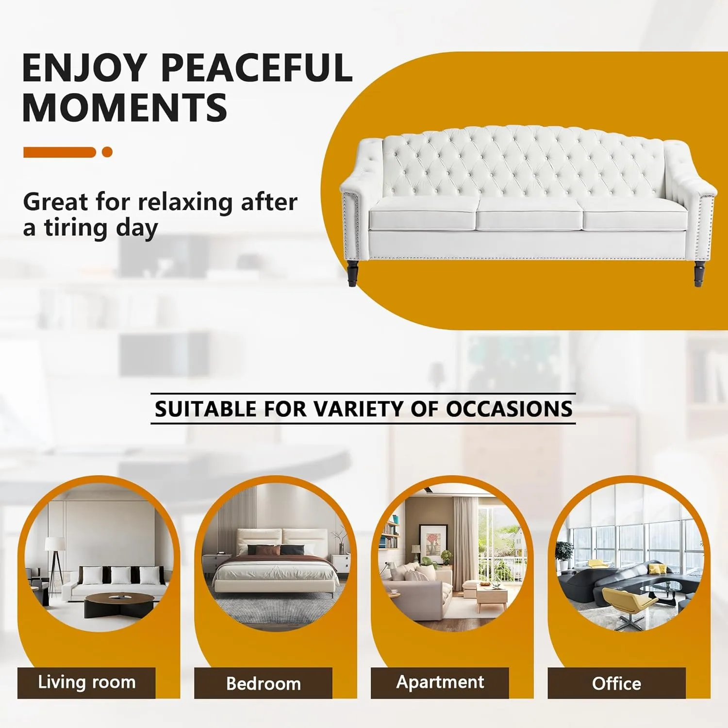 LEVNARY 3-Piece Couch Set for Living Room, White Velvet Sofa Chesterfield Couch with Button Tufted Design, Armchair & Loveseat & Sofa Sectional Furniture Set for Apartment Home Office (White, 1 2 3)