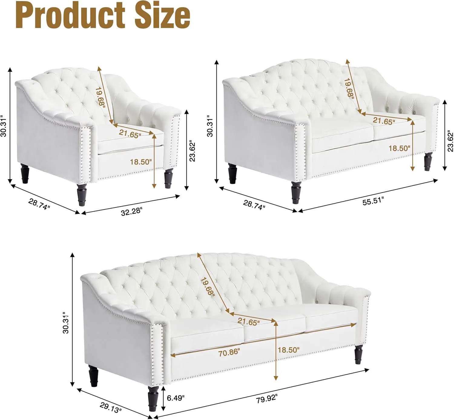 LEVNARY 3-Piece Couch Set for Living Room, White Velvet Sofa Chesterfield Couch with Button Tufted Design, Armchair & Loveseat & Sofa Sectional Furniture Set for Apartment Home Office (White, 1 2 3)