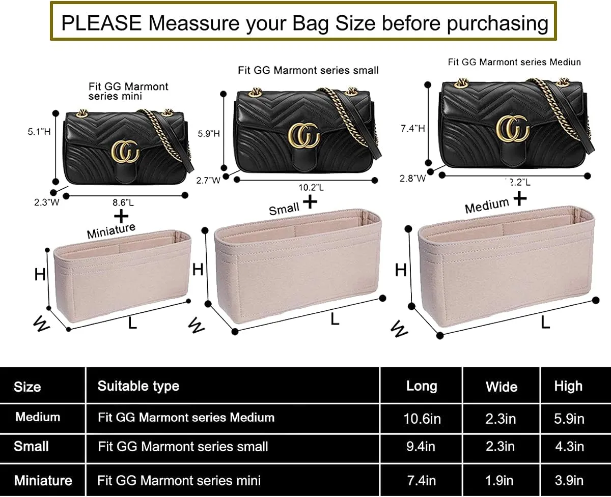 LEXSION Felt Insert Purse Organizer with Zipper,Small Handbag Tote Shaper Insert for GG Marmont Matelasse Shoulder Bag(Pack of 2)- Buy 1 Get 1 Bag Free Medium 8030 Beige