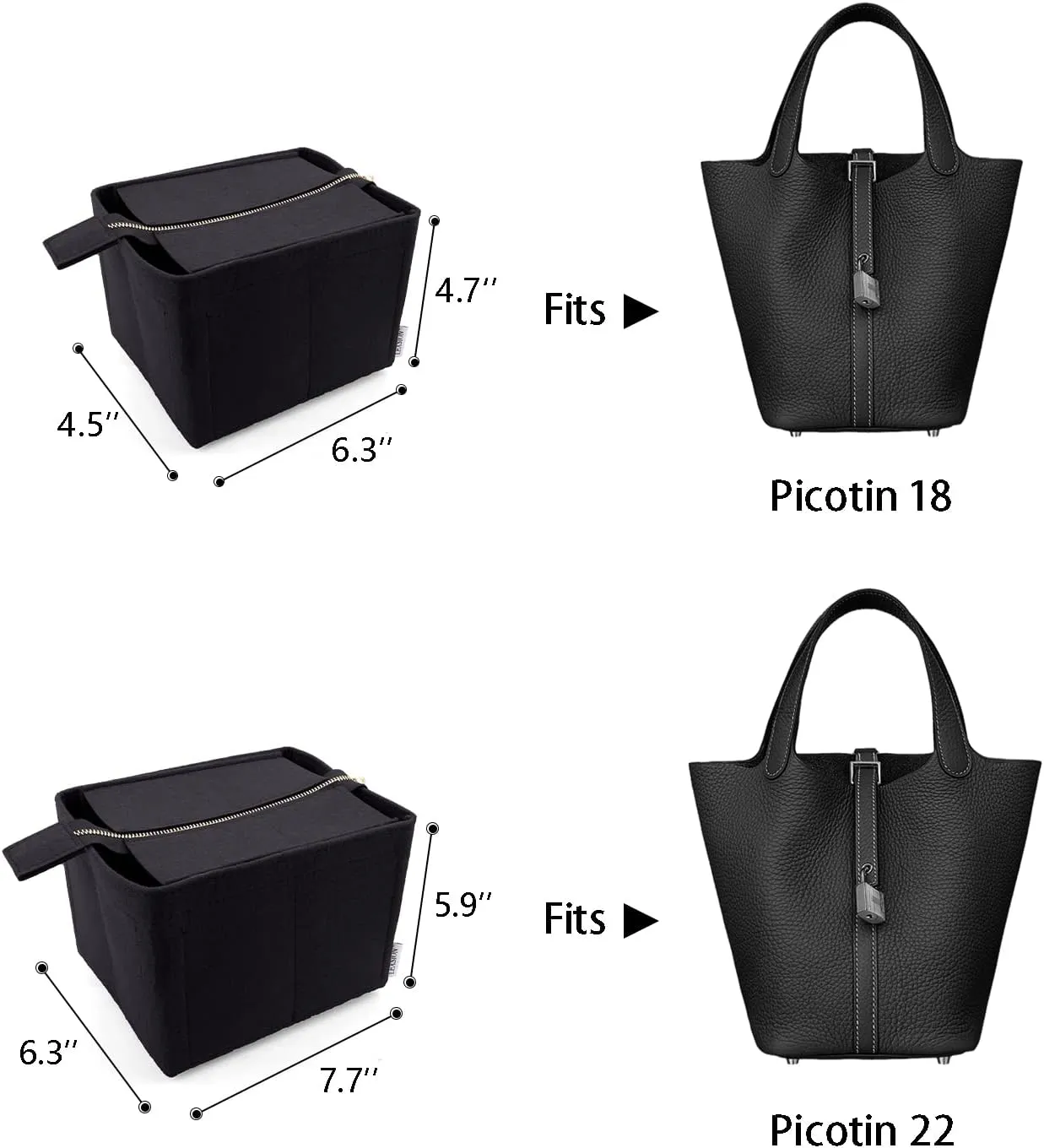 LEXSION Felt Purse Organizer Insert for Picotin 22,Bag Organizer with Detachable Zipper cover 8031 Black L