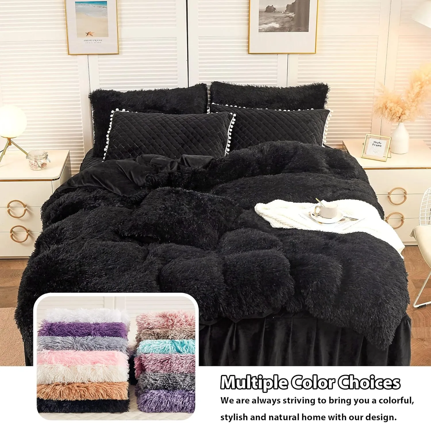 LIFEREVO 2 Pack Faux Fur Pillow Shams,Shaggy Plush Home Decorative Luxury Series Super Soft Furry Pillow Case with Zipper Closure for Home Sofa Couch Decoration,Standard (Black,20"x26")