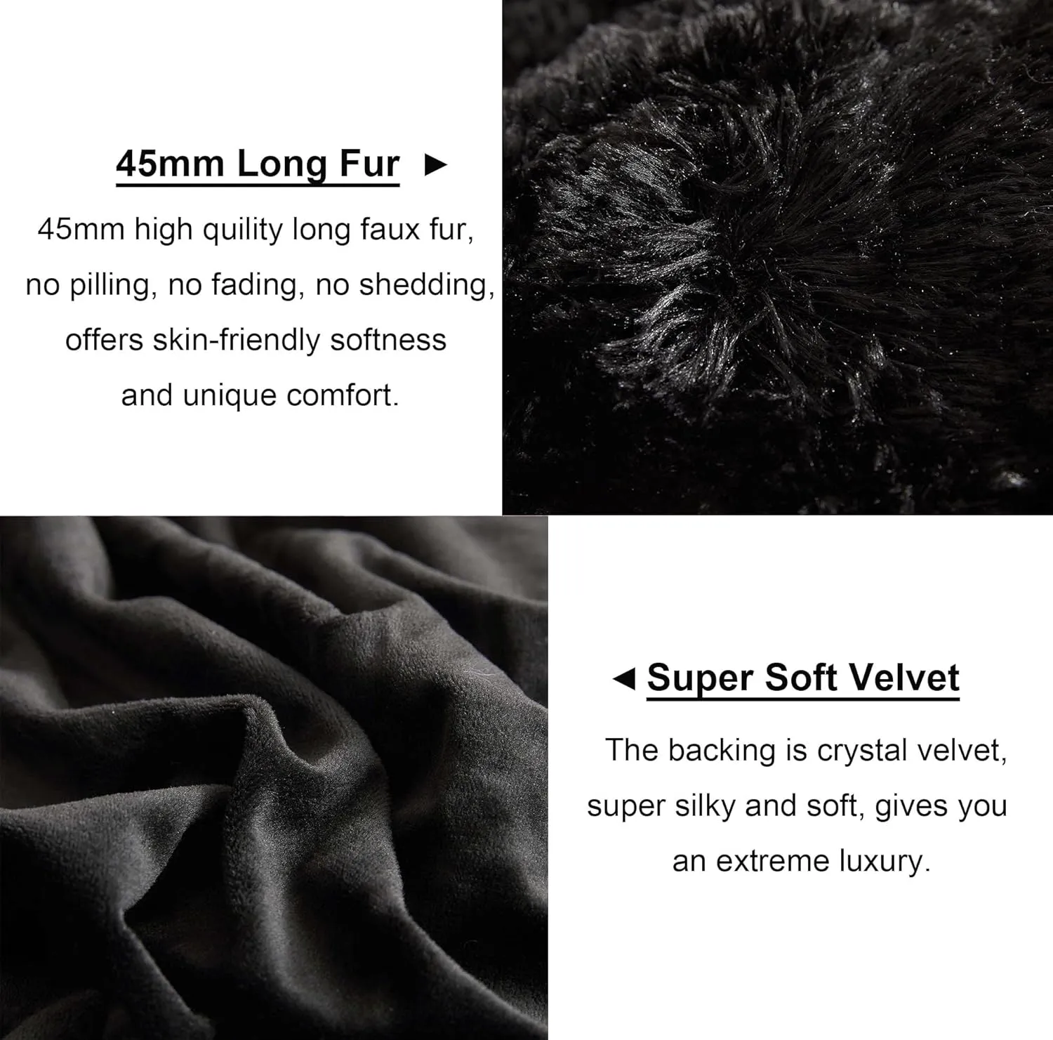 LIFEREVO 2 Pack Faux Fur Pillow Shams,Shaggy Plush Home Decorative Luxury Series Super Soft Furry Pillow Case with Zipper Closure for Home Sofa Couch Decoration,Standard (Black,20"x26")