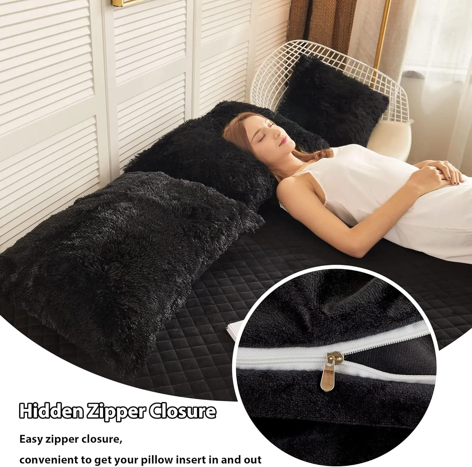 LIFEREVO 2 Pack Faux Fur Pillow Shams,Shaggy Plush Home Decorative Luxury Series Super Soft Furry Pillow Case with Zipper Closure for Home Sofa Couch Decoration,Standard (Black,20"x26")