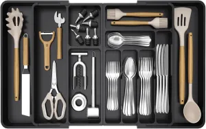 Lifewit Large Silverware Drawer Organizer, Plastic Cooking Utensil Tray for Kitchen, Expandable From 21 to 36 Inches, Adjustable Flatware Cutlery Spoon Fork Knife Spatula Gadgets Holder, Black