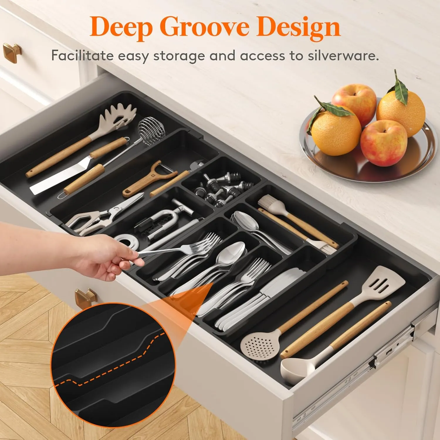 Lifewit Large Silverware Drawer Organizer, Plastic Cooking Utensil Tray for Kitchen, Expandable From 21 to 36 Inches, Adjustable Flatware Cutlery Spoon Fork Knife Spatula Gadgets Holder, Black