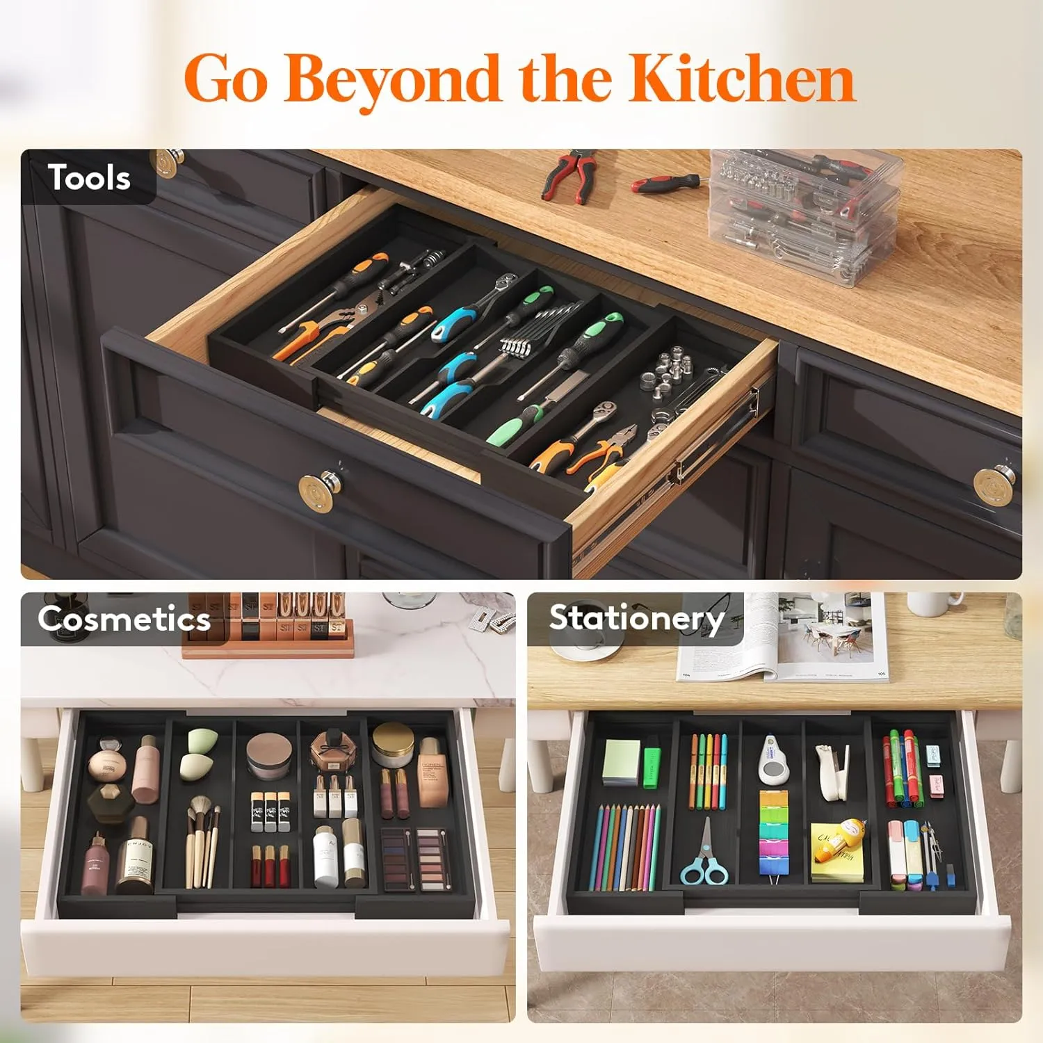 Lifewit Utensil Organizer for Kitchen Drawer, Expandable Cooking Utensil Tray, Bamboo Cutlery Silverware Flatware Holder, Adjustable Spatula Tools and Gadgets Storage Divider, Large, Black