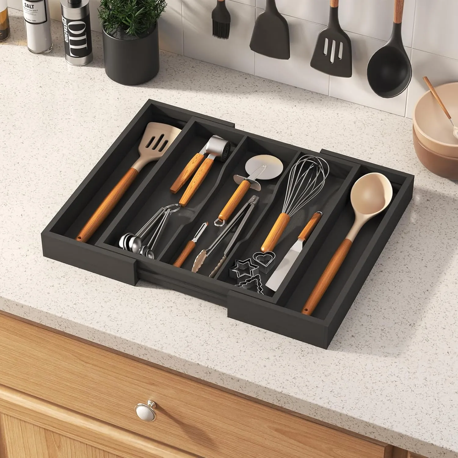 Lifewit Utensil Organizer for Kitchen Drawer, Expandable Cooking Utensil Tray, Bamboo Cutlery Silverware Flatware Holder, Adjustable Spatula Tools and Gadgets Storage Divider, Large, Black