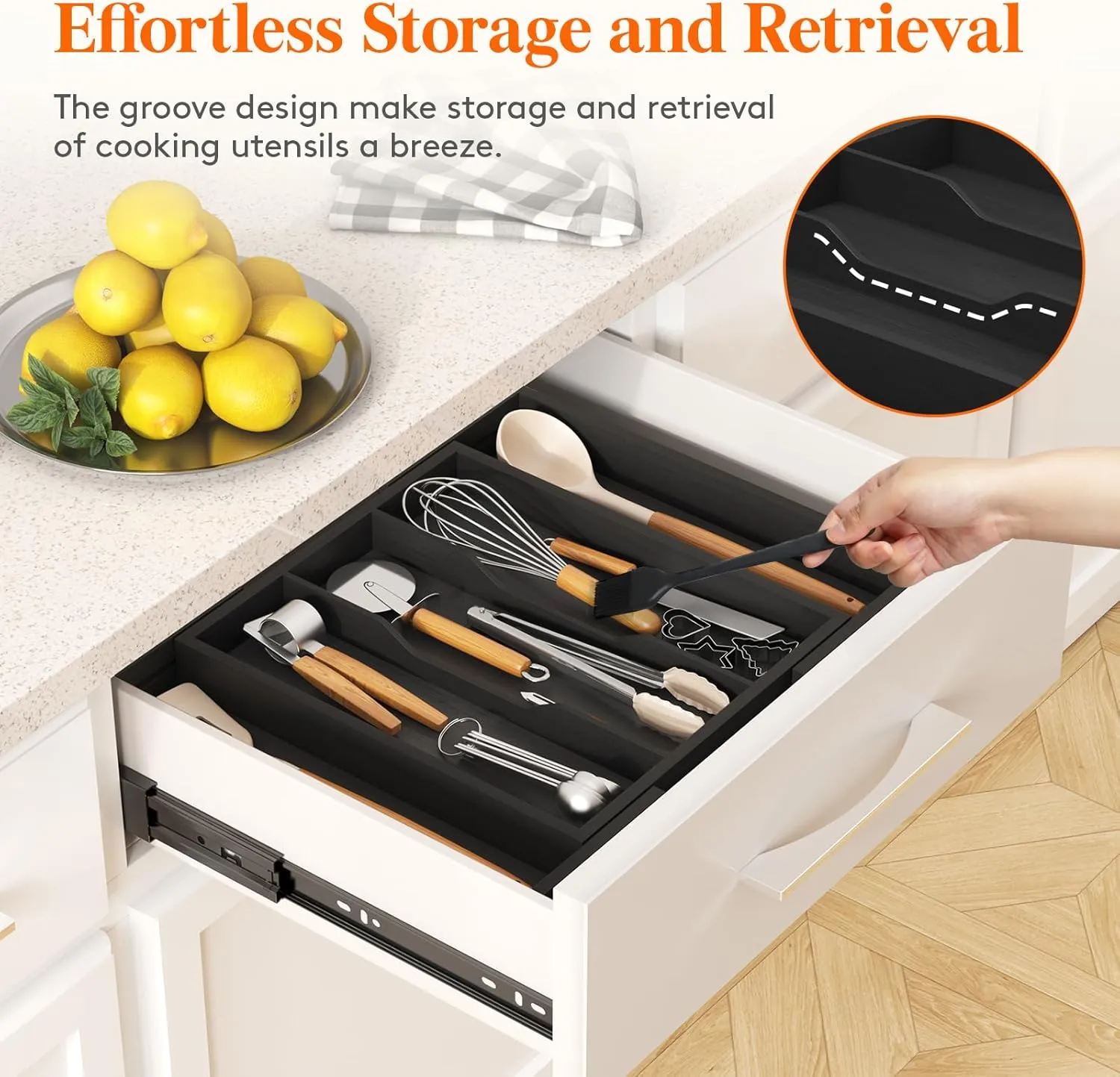 Lifewit Utensil Organizer for Kitchen Drawer, Expandable Cooking Utensil Tray, Bamboo Cutlery Silverware Flatware Holder, Adjustable Spatula Tools and Gadgets Storage Divider, Large, Black