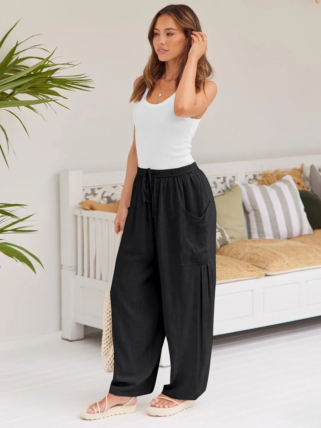 LILLUSORY Women‘s Linen Wide Leg Pants 2025 Casual Loose Lightweigt Beach Palazzo Harem Pants