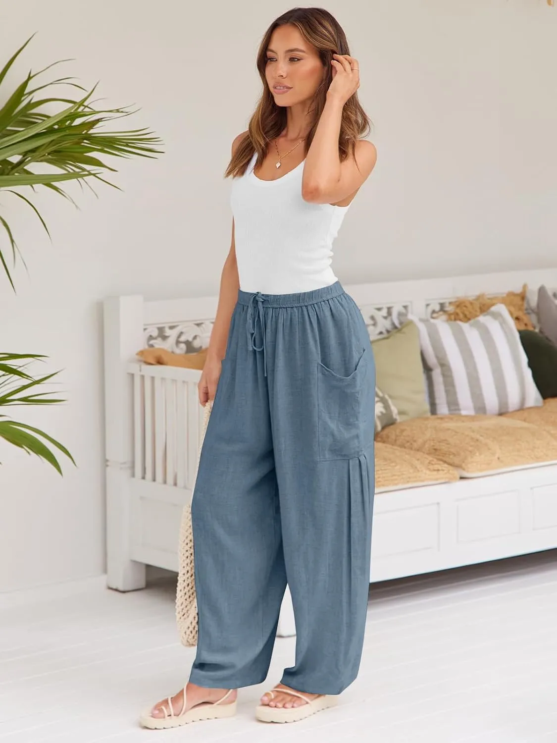 LILLUSORY Women‘s Linen Wide Leg Pants 2025 Casual Loose Lightweigt Beach Palazzo Harem Pants