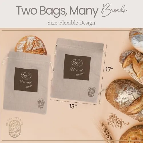 Linen Bread Bags for Homemade Bread (2 Pack, XL) – Reusable Linen Bread Bag For Sourdough – String Closure, Lined, Durable, BPA Free & Easy to Clean – Compact Bread Storage For Homemade Bread