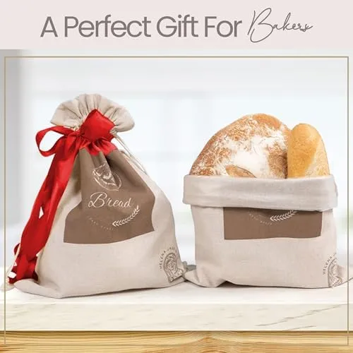 Linen Bread Bags for Homemade Bread (2 Pack, XL) – Reusable Linen Bread Bag For Sourdough – String Closure, Lined, Durable, BPA Free & Easy to Clean – Compact Bread Storage For Homemade Bread