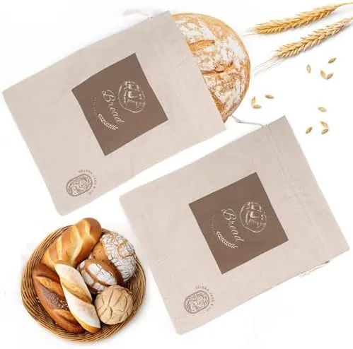 Linen Bread Bags for Homemade Bread (2 Pack, XL) – Reusable Linen Bread Bag For Sourdough – String Closure, Lined, Durable, BPA Free & Easy to Clean – Compact Bread Storage For Homemade Bread