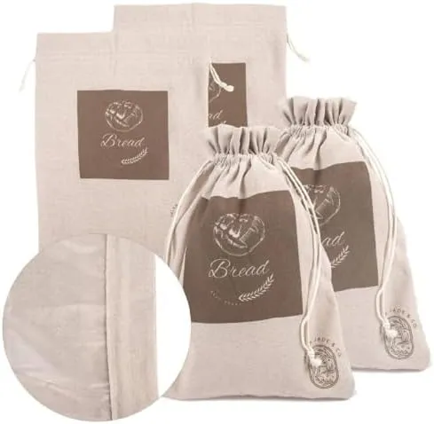 Linen Bread Bags for Homemade Bread (2 Pack, XL) – Reusable Linen Bread Bag For Sourdough – String Closure, Lined, Durable, BPA Free & Easy to Clean – Compact Bread Storage For Homemade Bread