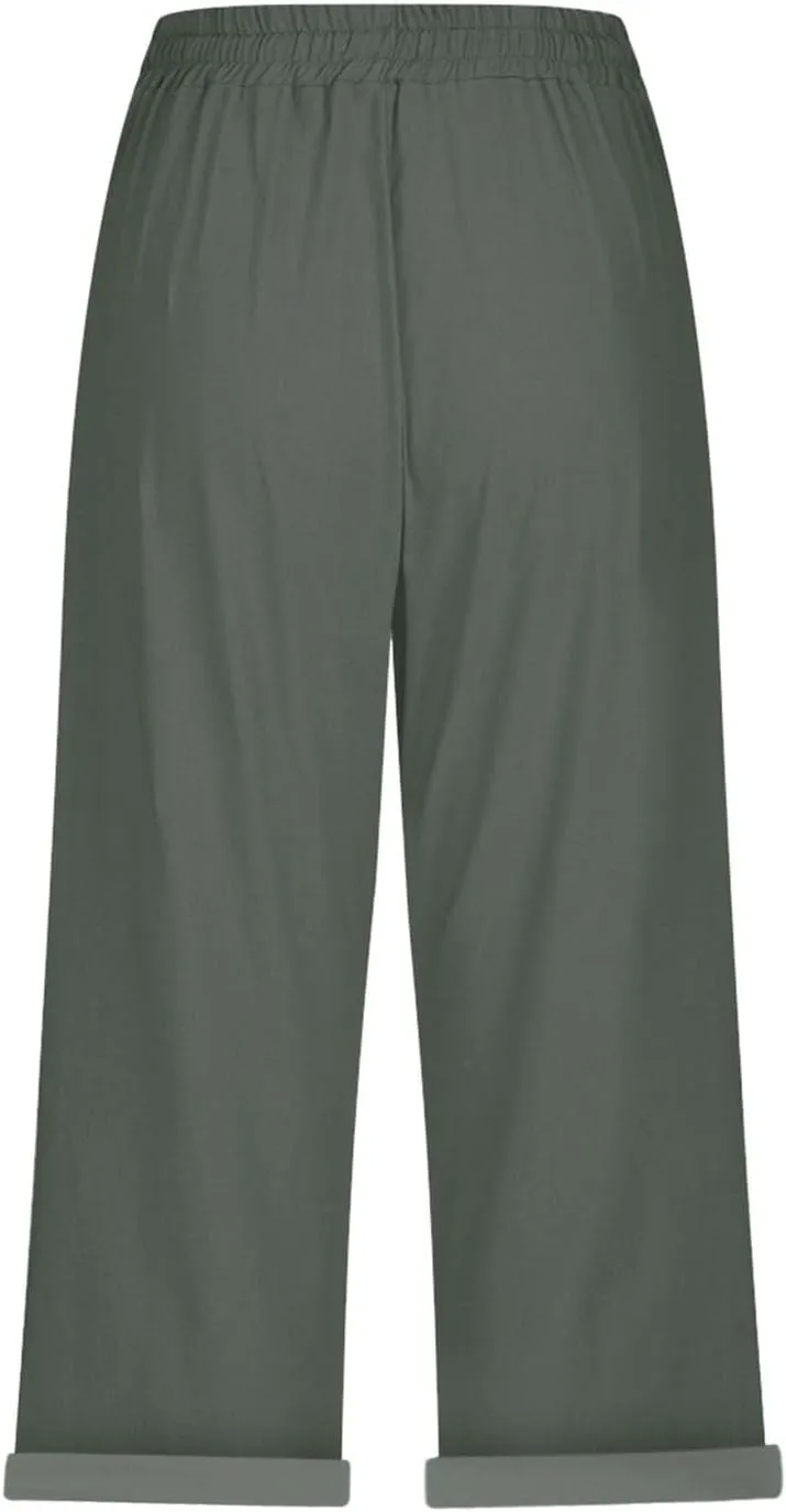 Linen Capris for Women Cotton Elastic Long Pants Beach Leisure Trousers Crop Beach Trousers Women Linen Capri Pants