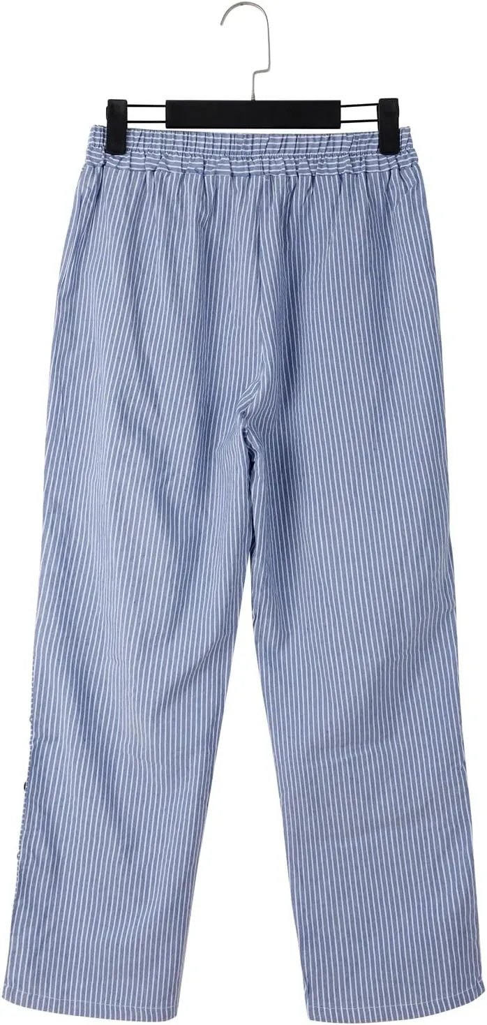 Linen Capris for Women Striped Pants Stripe Print Side Trendy Pants Baggy Elastic Waist Straight Leg Comfy Trousers