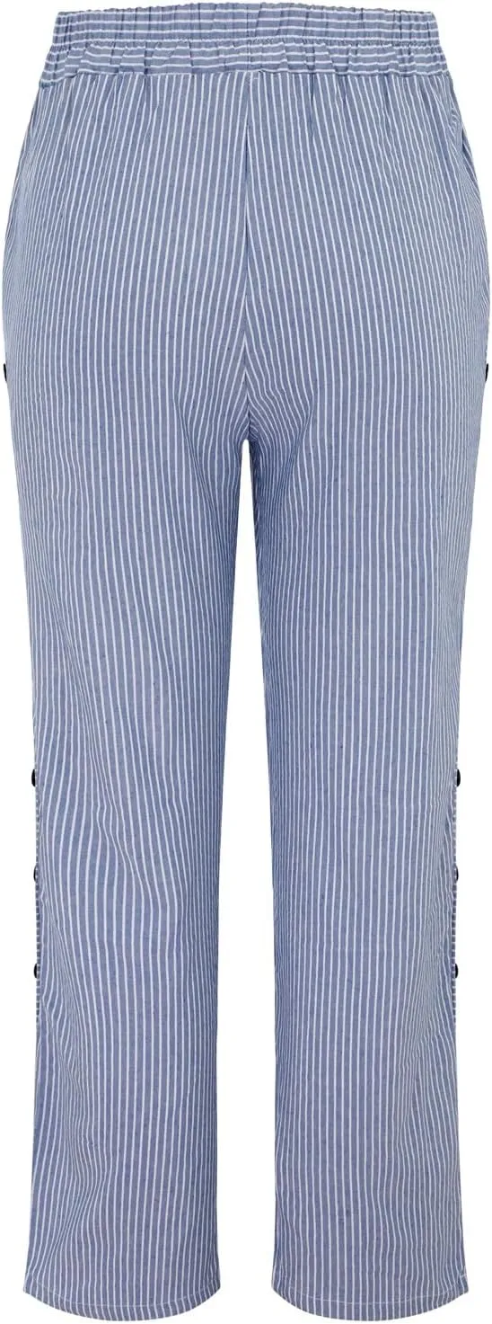Linen Capris for Women Striped Pants Stripe Print Side Trendy Pants Baggy Elastic Waist Straight Leg Comfy Trousers