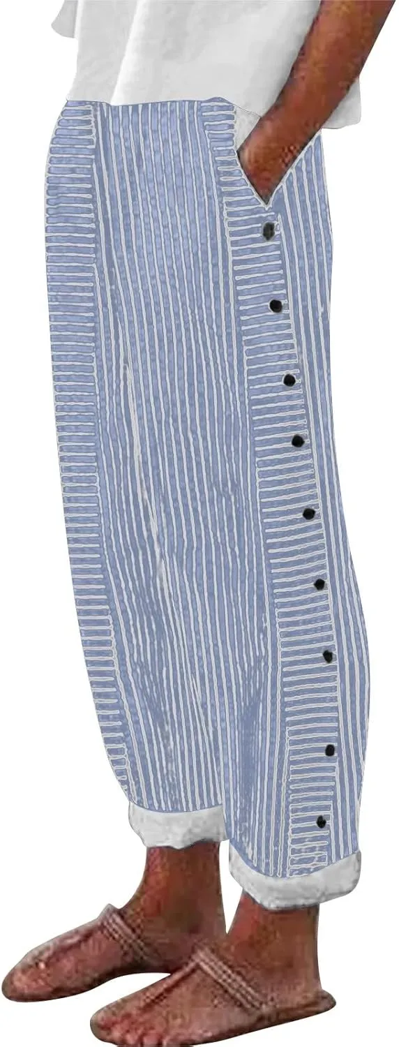 Linen Capris for Women Striped Pants Stripe Print Side Trendy Pants Baggy Elastic Waist Straight Leg Comfy Trousers
