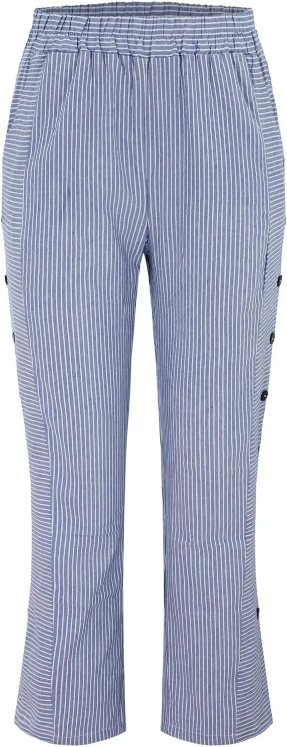 Linen Capris for Women Striped Pants Stripe Print Side Trendy Pants Baggy Elastic Waist Straight Leg Comfy Trousers