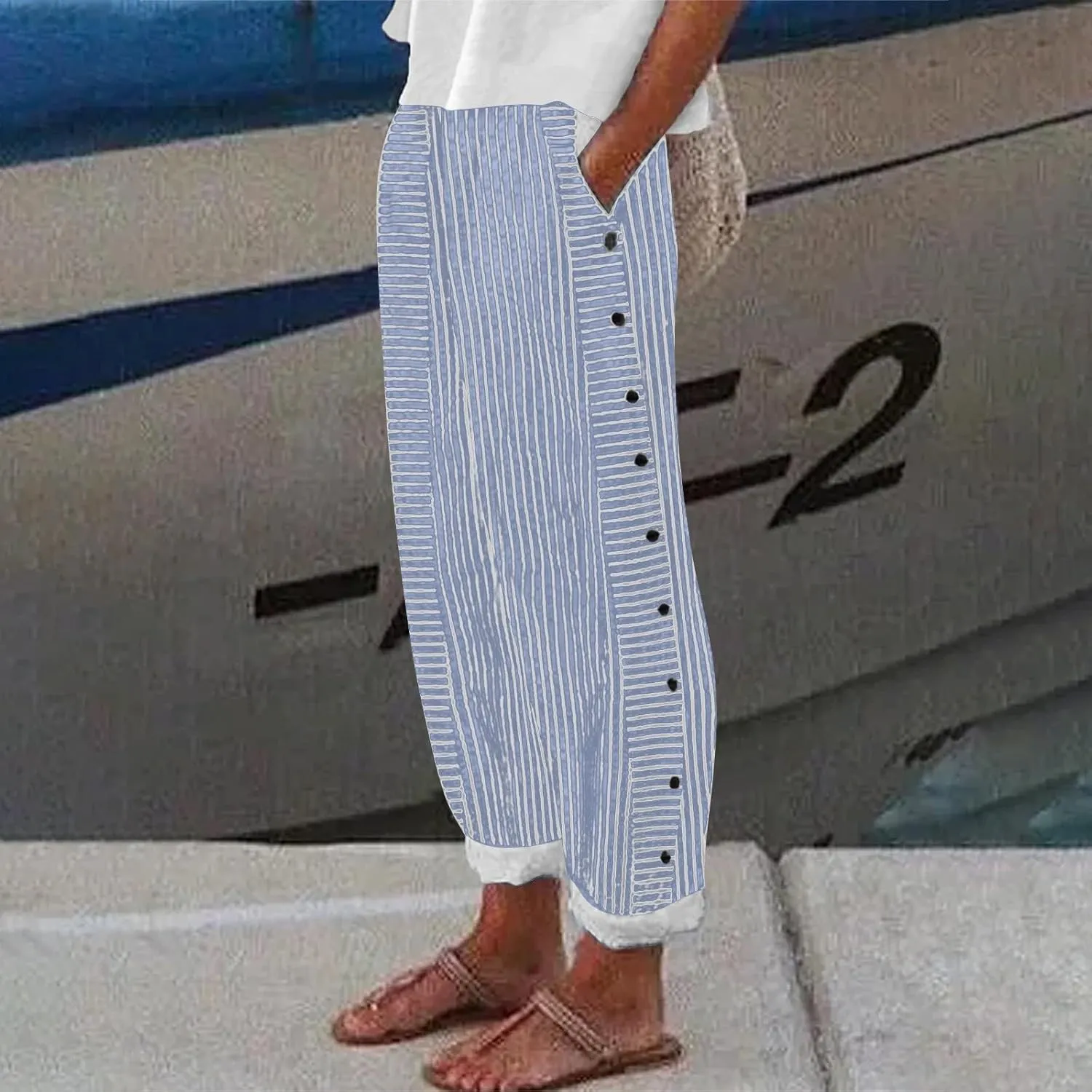 Linen Capris for Women Striped Pants Stripe Print Side Trendy Pants Baggy Elastic Waist Straight Leg Comfy Trousers