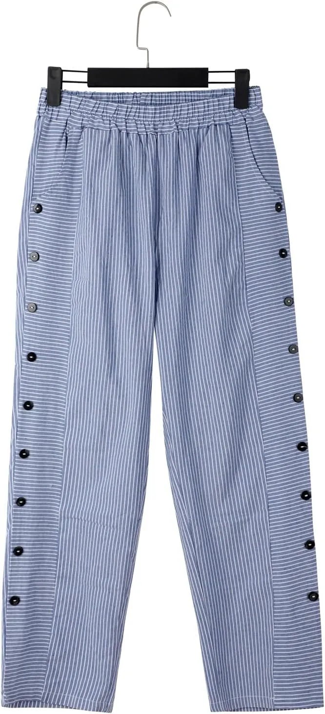 Linen Capris for Women Striped Pants Stripe Print Side Trendy Pants Baggy Elastic Waist Straight Leg Comfy Trousers