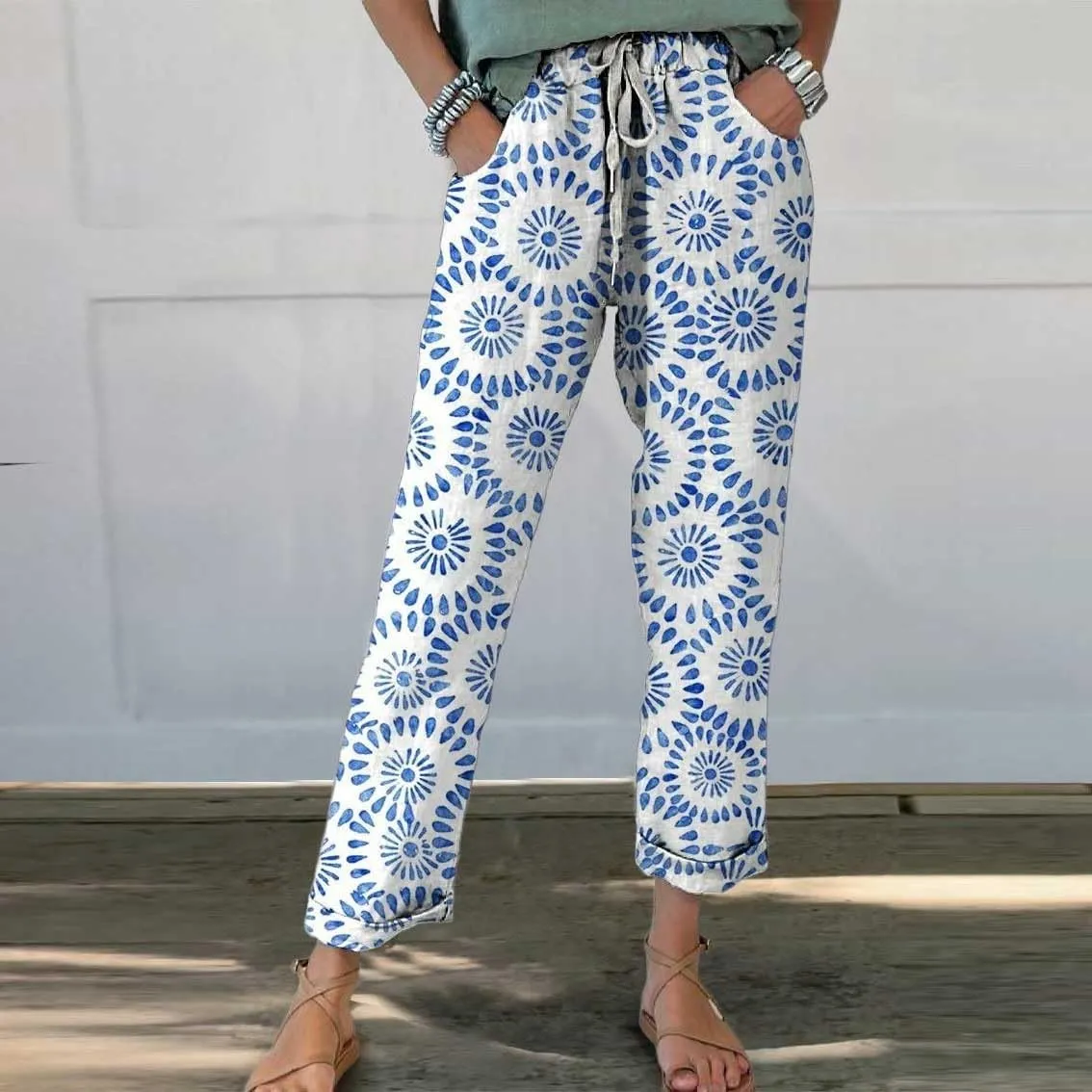 Linen Clothes for Women Beachwear for Women Autumn Linen Print Casual Pants Features: High Linen Pants for Women
