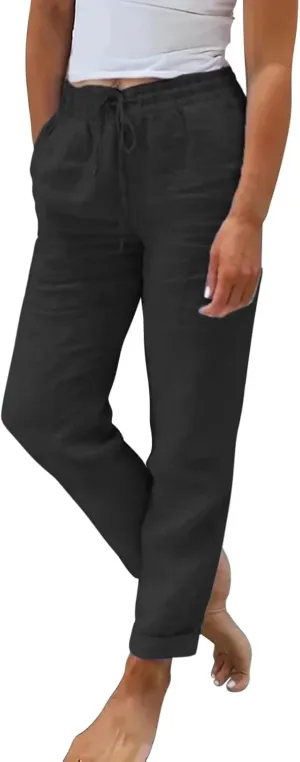 Linen Clothing for Women Linen s Solid Color Cotton Linen Wide Leg Loose Pants Linen Pants for Women Loose (Black, XXL)
