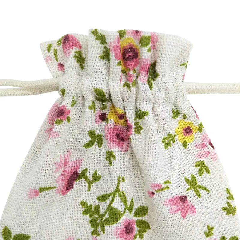 Linen Drawstring Bags Small Flower Pattern - 3 Sizes