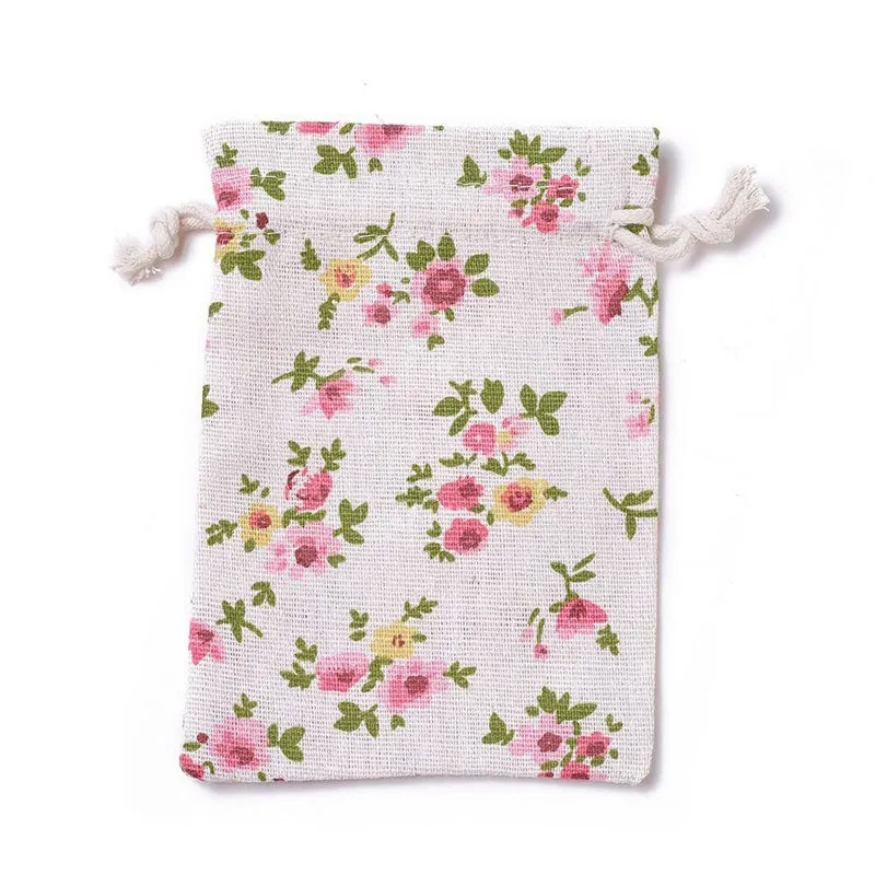 Linen Drawstring Bags Small Flower Pattern - 3 Sizes