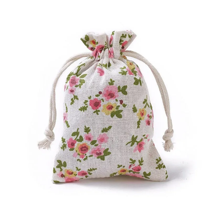 Linen Drawstring Bags Small Flower Pattern - 3 Sizes