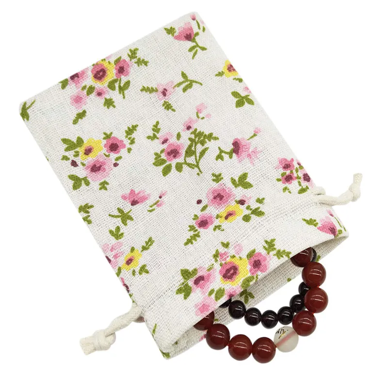 Linen Drawstring Bags Small Flower Pattern - 3 Sizes