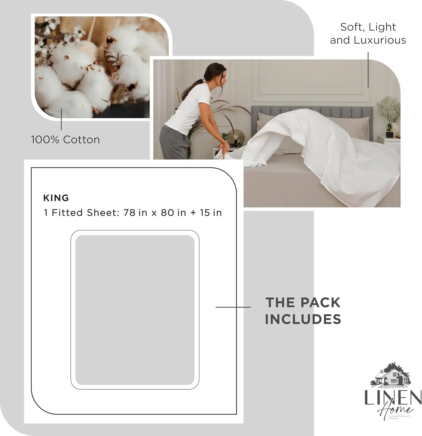 Linen Home 100% Cotton Percale Weave Fitted Sheet, King Size, Dove Grey, 1 Deep Pocket Fitted Sheet, Fits Mattress Upto 16" Crisp and Cool Strong Bed Linen, 78"X80" 15"