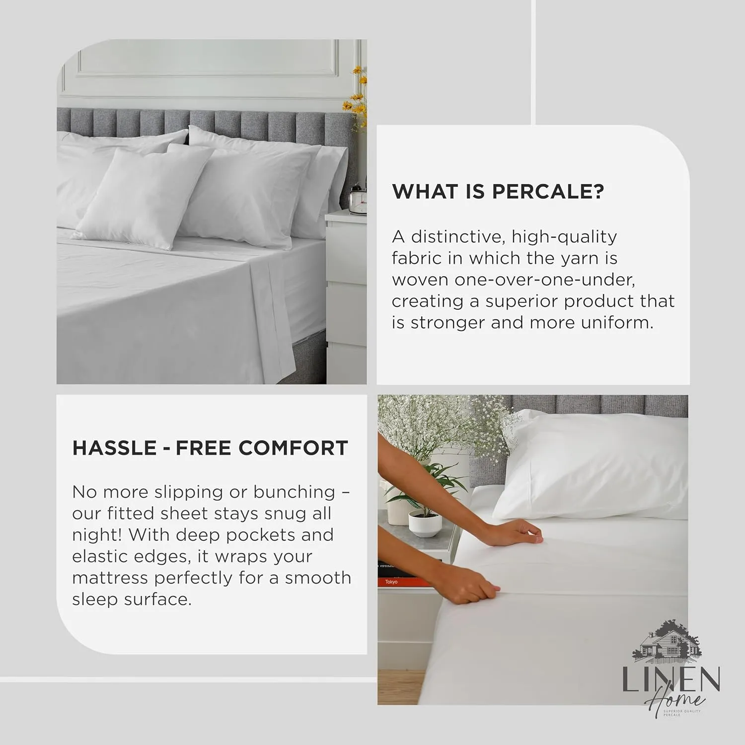 Linen Home 100% Cotton Percale Weave Fitted Sheet, King Size, Dove Grey, 1 Deep Pocket Fitted Sheet, Fits Mattress Upto 16" Crisp and Cool Strong Bed Linen, 78"X80" 15"