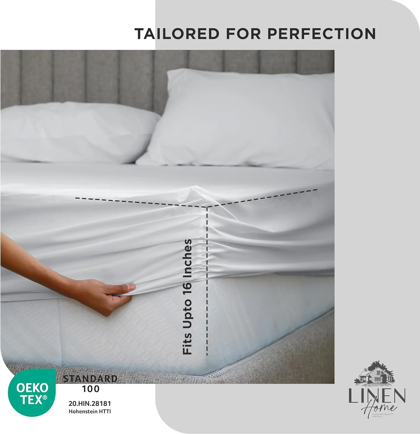 Linen Home 100% Cotton Percale Weave Fitted Sheet, King Size, Dove Grey, 1 Deep Pocket Fitted Sheet, Fits Mattress Upto 16" Crisp and Cool Strong Bed Linen, 78"X80" 15"