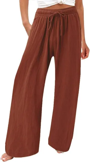 Linen Palazzo Pants for Womens 2025 Summer High Waisted Flowy Wide Leg Drawstring Casual Trousers Beach Vacation Outfits