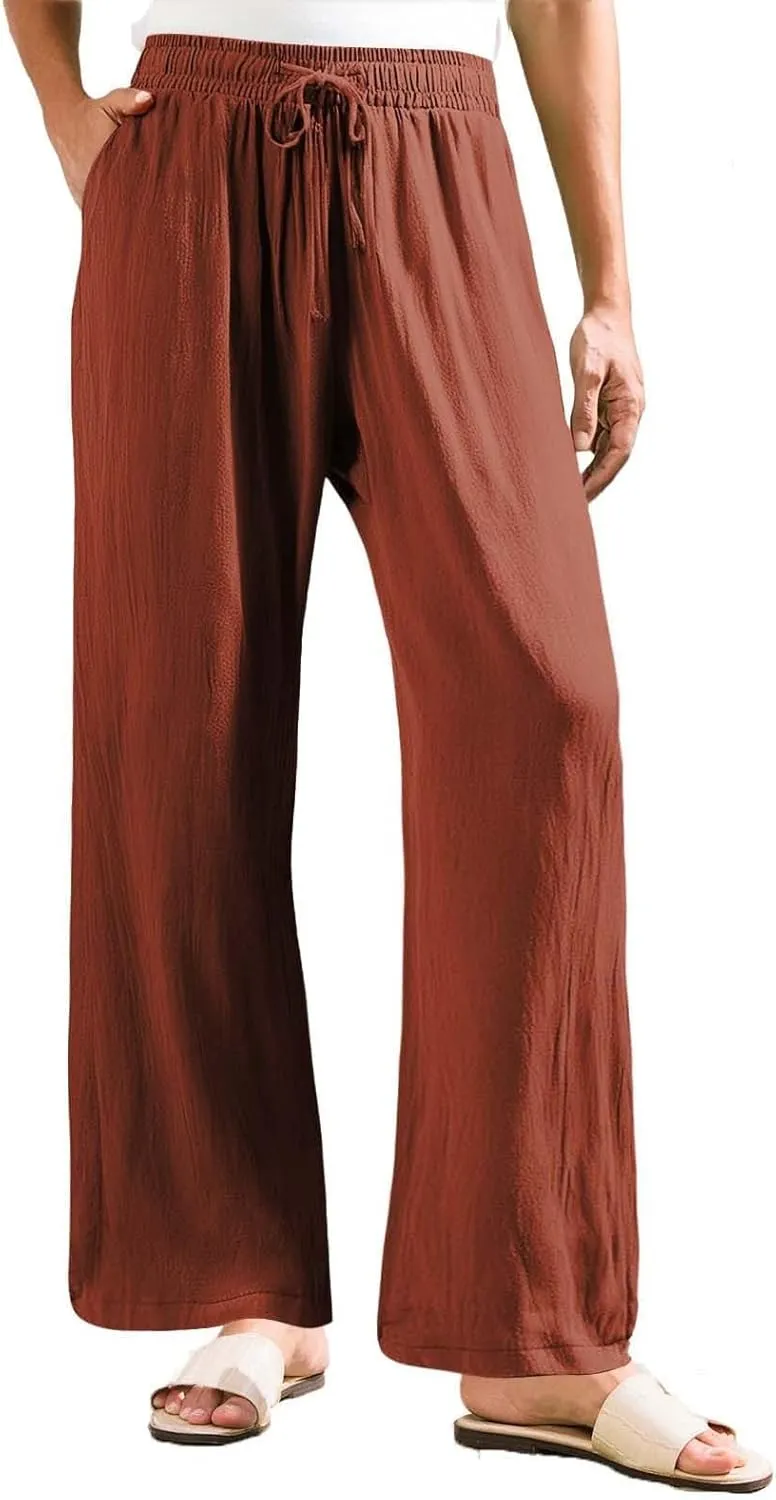 Linen Palazzo Pants for Womens 2025 Summer High Waisted Flowy Wide Leg Drawstring Casual Trousers Beach Vacation Outfits