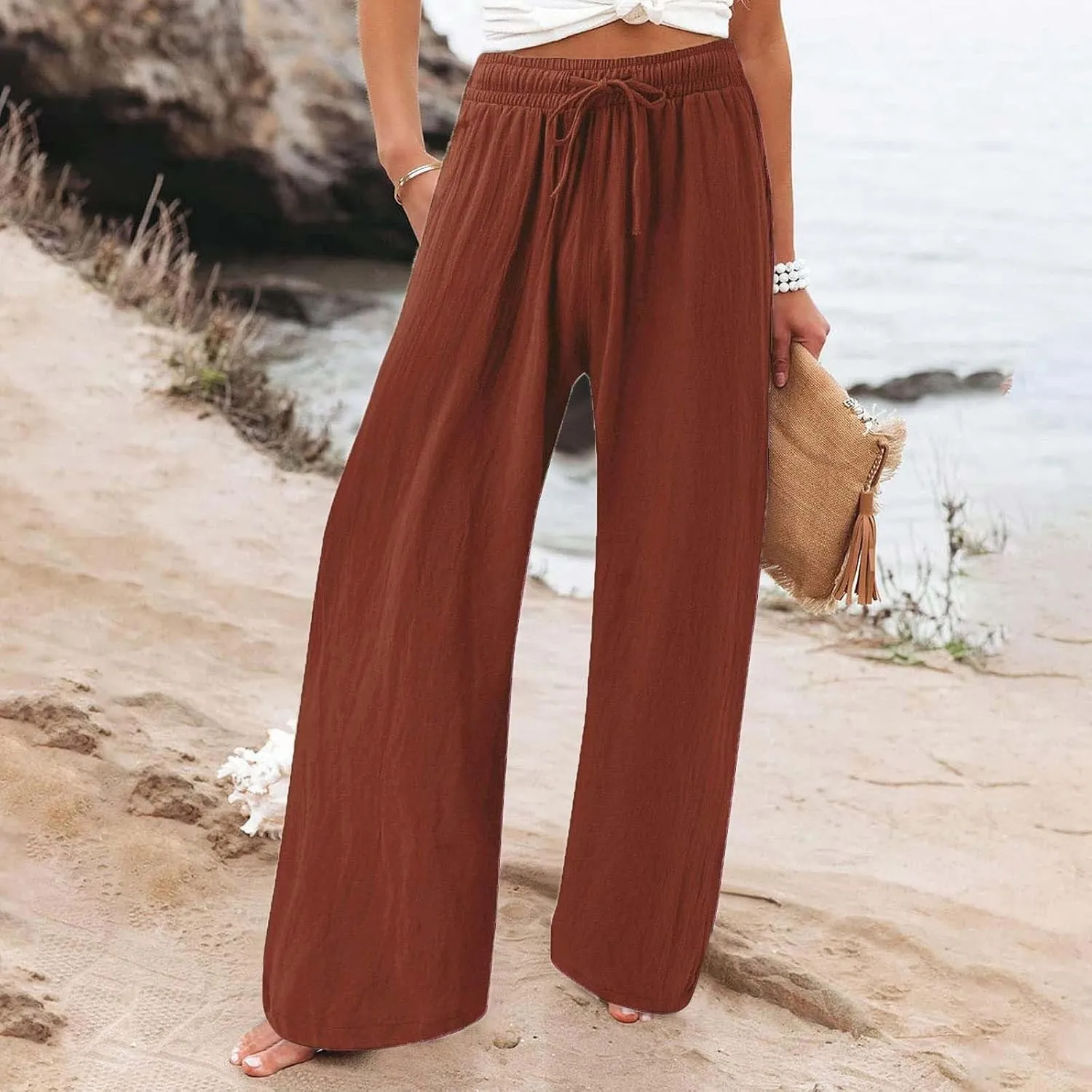 Linen Palazzo Pants for Womens 2025 Summer High Waisted Flowy Wide Leg Drawstring Casual Trousers Beach Vacation Outfits