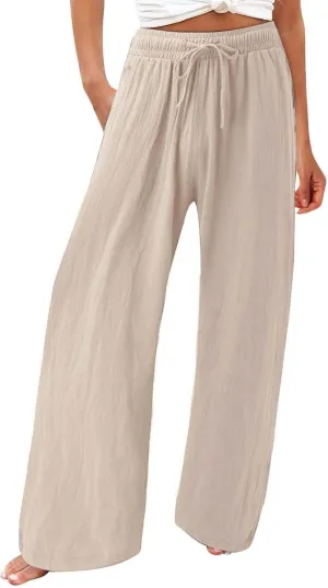 Linen Palazzo Pants for Womens 2025 Summer High Waisted Flowy Wide Leg Drawstring Casual Trousers Beach Vacation Outfits