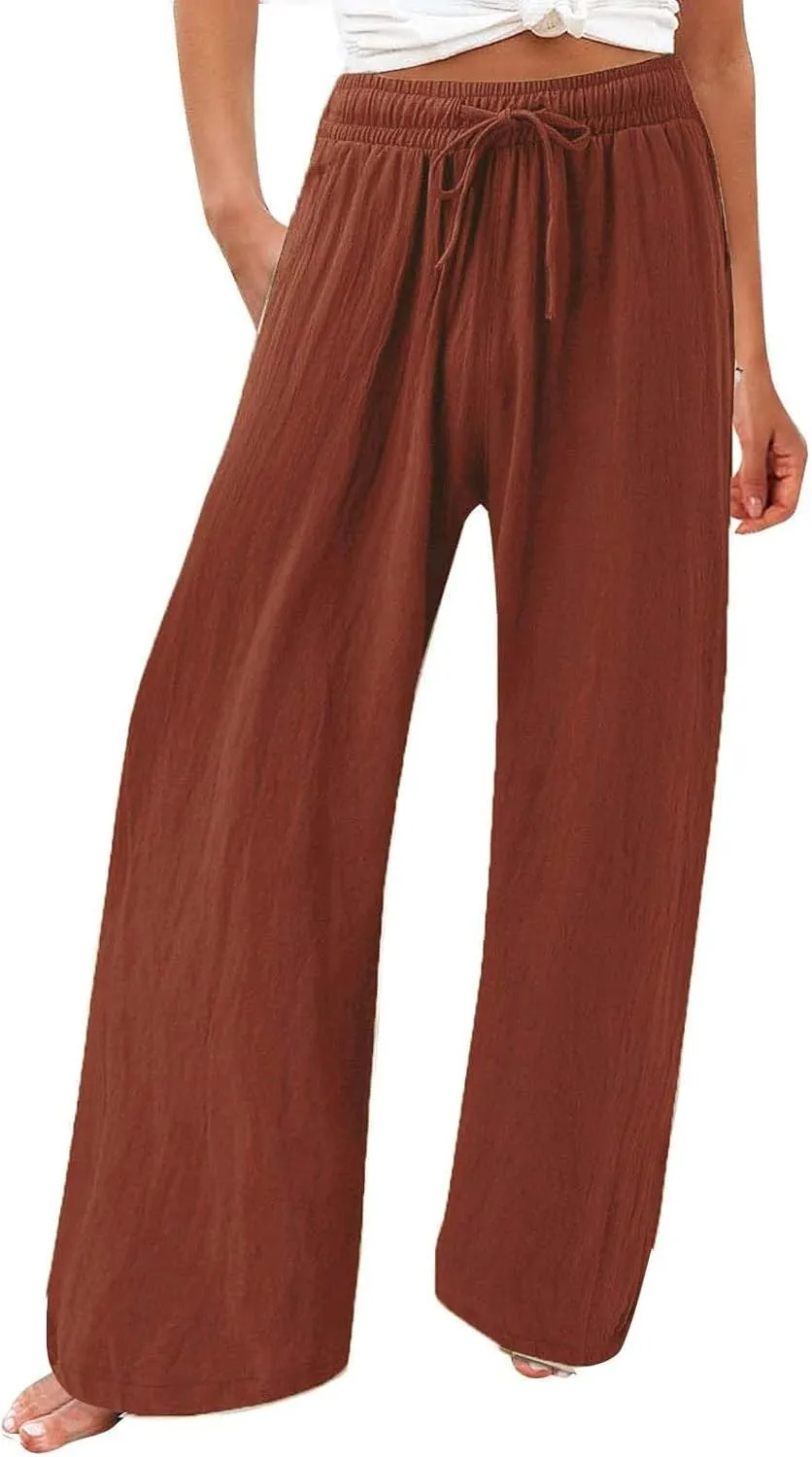 Linen Palazzo Pants for Womens 2025 Summer High Waisted Flowy Wide Leg Drawstring Casual Trousers Beach Vacation Outfits