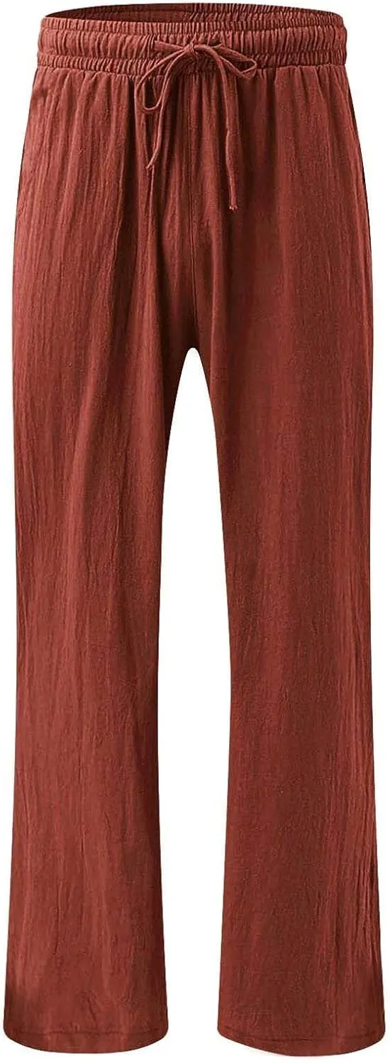 Linen Palazzo Pants for Womens 2025 Summer High Waisted Flowy Wide Leg Drawstring Casual Trousers Beach Vacation Outfits