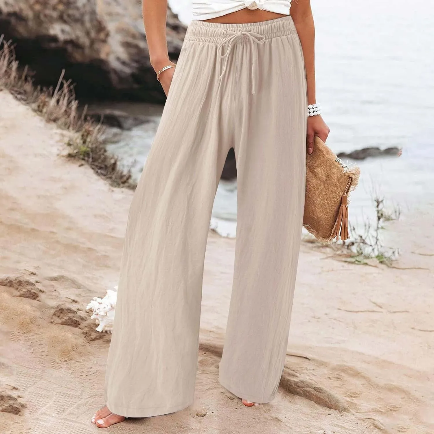 Linen Palazzo Pants for Womens 2025 Summer High Waisted Flowy Wide Leg Drawstring Casual Trousers Beach Vacation Outfits