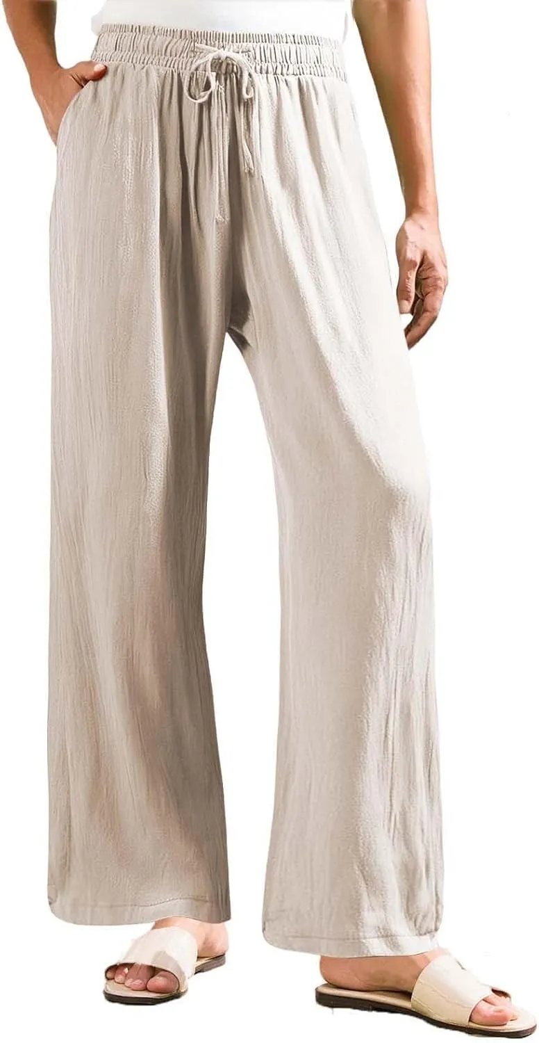 Linen Palazzo Pants for Womens 2025 Summer High Waisted Flowy Wide Leg Drawstring Casual Trousers Beach Vacation Outfits