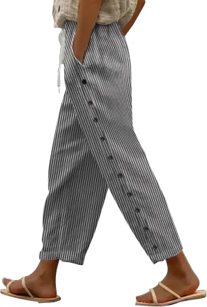 Linen Pants for Women 2025 Plus Size Summer Fashion Casual Pants Comfy Drawstring Elastic Waist Boho Beach Trouser
