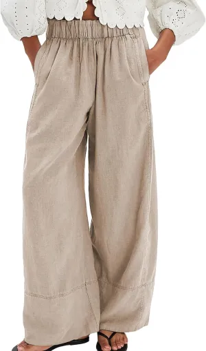 Linen Pants for Women Cotton Baggy Boho Casual Palazzo Pants Wide Leg Long Lounge Trousers with Pockets(Khaki,L)