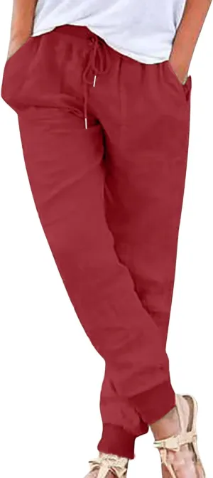 Linen Pants for Women Summer Casual Tapered Leg Pants Lightweight Drawstring Elastic Waist Pant Running Joggers Trousers