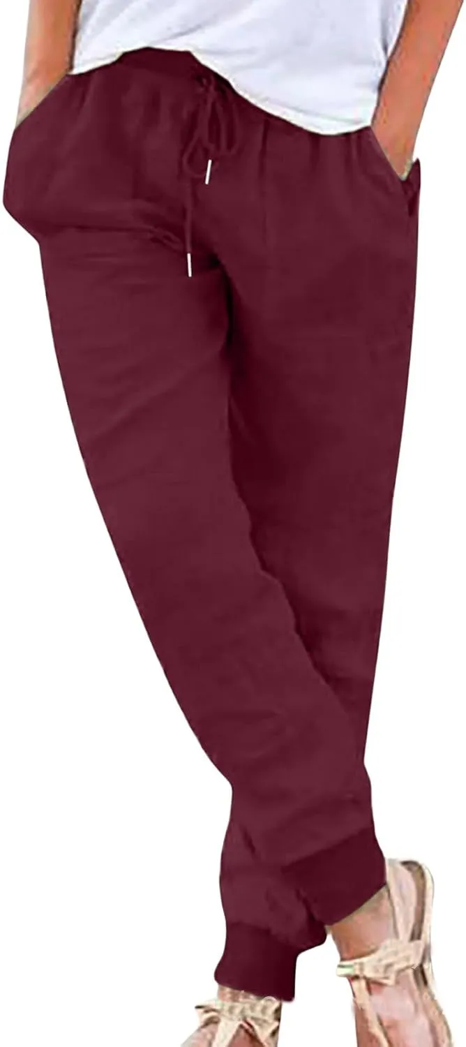 Linen Pants for Women Summer Casual Tapered Leg Pants Lightweight Drawstring Elastic Waist Pant Running Joggers Trousers