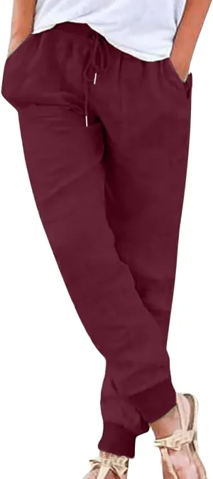 Linen Pants for Women Summer Casual Tapered Leg Pants Lightweight Drawstring Elastic Waist Pant Running Joggers Trousers
